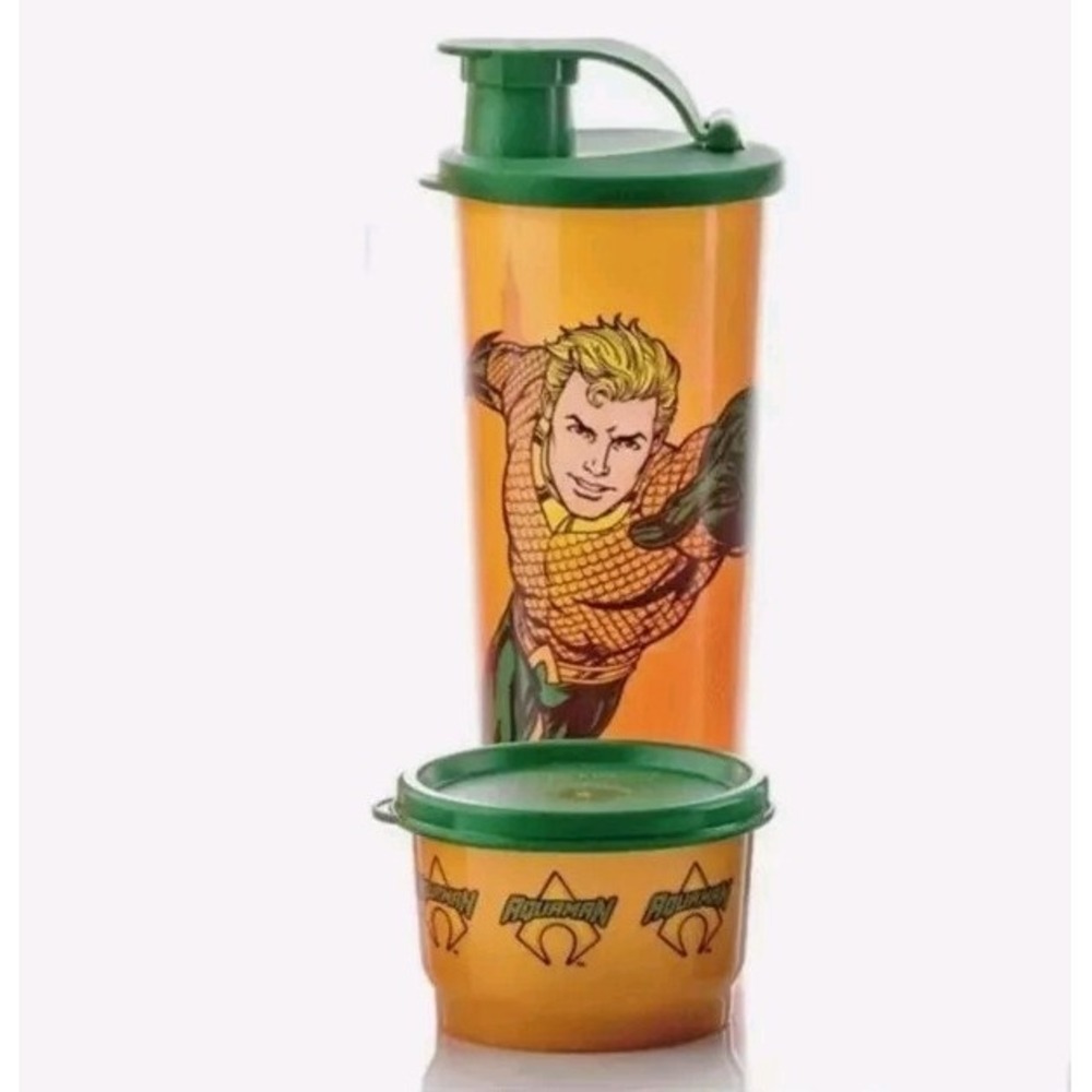 Tupperware Aquaman Super Hero 16oz Flip Top Tumbler + Snack Cup Set New